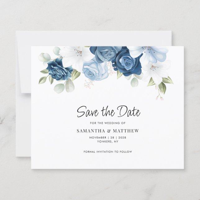 Papier Élégant Code QR Fleurs Bleues Mariage Enregistrer  (Devant)