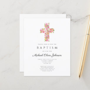 Papier Élégant culte floral rose croix Baptême