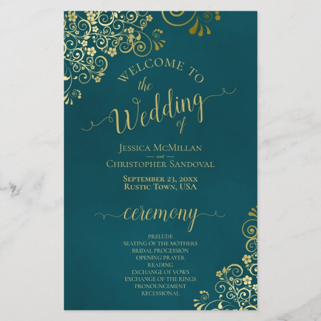 Papier Elegant Dark Teal & Gold Budget Wedding Program (Devant)
