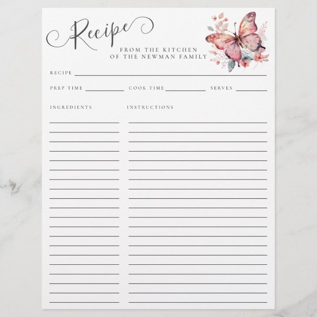 Papier Élégant de la cuisine de la recette de papillon ro (Devant)
