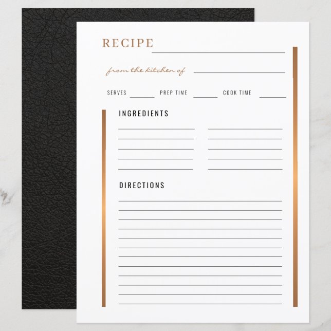 Papier Élégant de la cuisine de recette blanche or (Devant / Derrière)