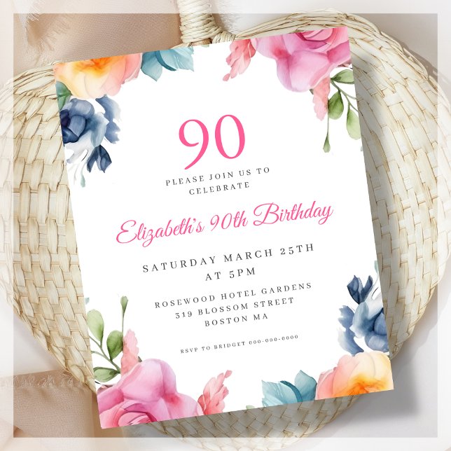Papier Elégant Floral 90e Anniversaire Budget Invitation (Créateur téléchargé)