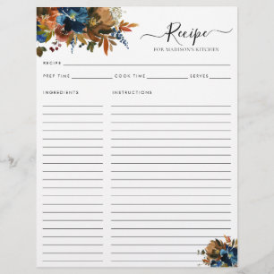 Papier Elégant Floral Navy Blue Terracotta Cuisine Recett