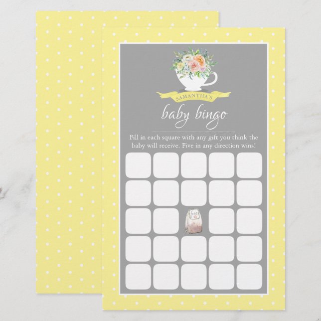 Papier Elégant Floral Teacup Baby shower Tea Party Bingo (Devant / Derrière)