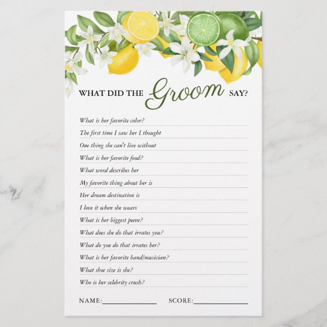 Papier Élégant jeu de Fête des mariées de citron vert (Devant)