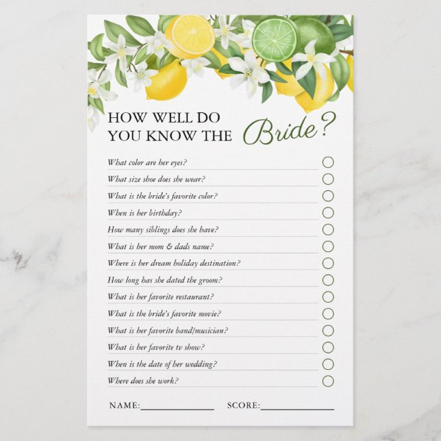 Papier Élégant jeu de Fête des mariées de citron vert (Devant)