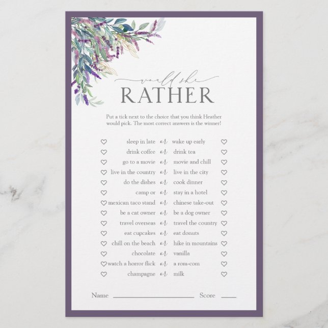 Papier Élégant Lavender Floral Fête des mariées Jeu (Devant)