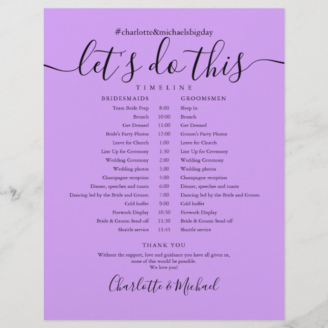 Papier Elegant Lavender Lilac Mariage Horaire (Devant)