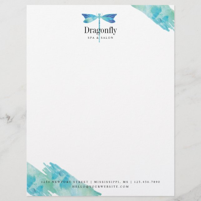 Papier Élégant logo de libellule bleu et d'aquarelle Aqua (Devant)