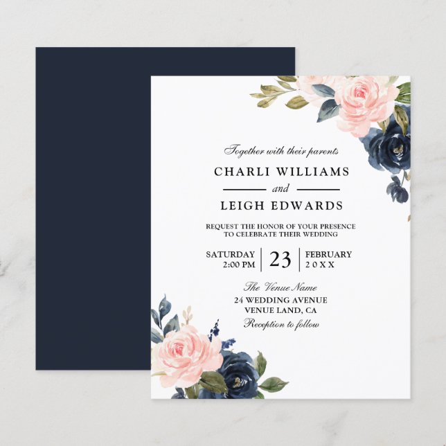 Papier Elégant Mariage Blush de la Marine sur une invitat (Devant / Derrière)