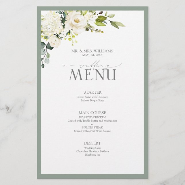 Papier Élégant mariage floral aquarelle blanc gris vert (Devant)