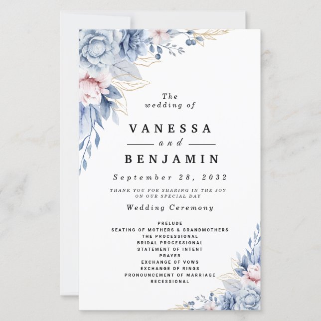 Papier Élégant Mariage floral bleu et blanc (Devant)