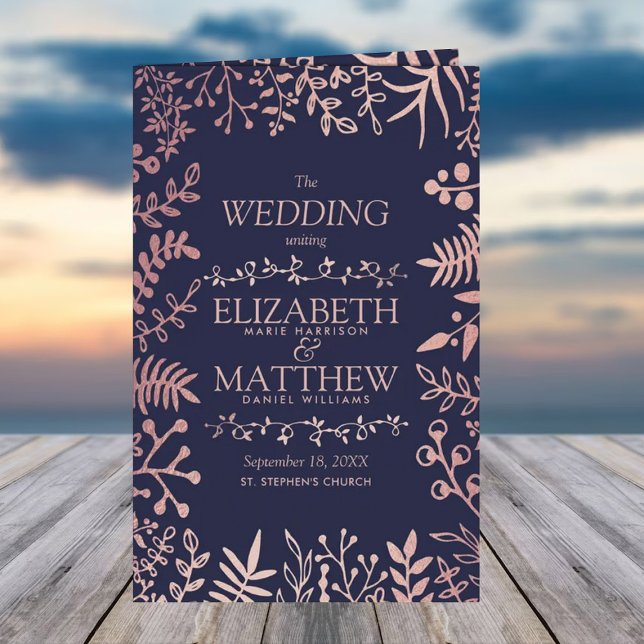 Papier Elégant Marine & Rose Gold Floral Wedding Programm (Créateur téléchargé)