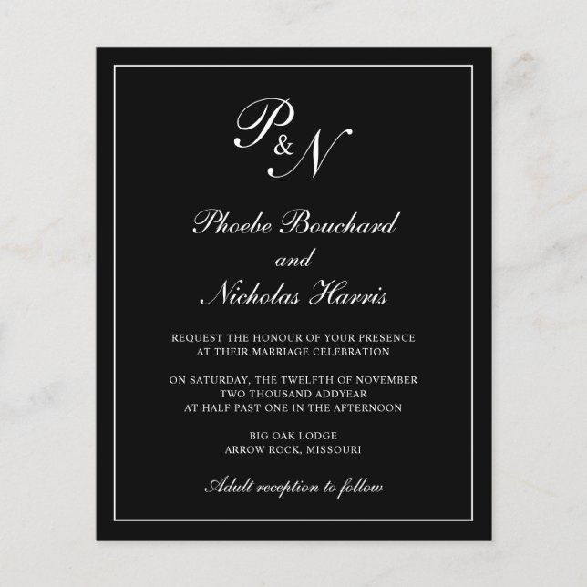 Papier Élégant Monogramme Black Budget Faire-part de mari (Devant)