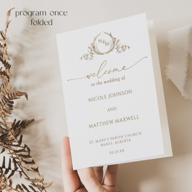 Papier Élégant Monogramme blanc Mariage d'or plié Program (Créateur téléchargé)