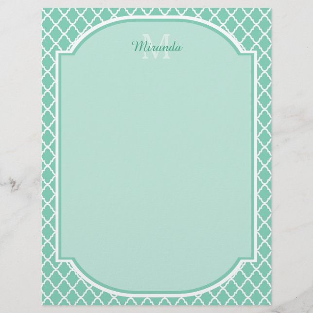 Papier Élégant Monogramme De Quatrefoil Vert Mint Avec No (Devant)