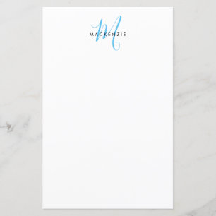 Papier Élégant Monogramme Moderne Blanc Bleu Ciel Script