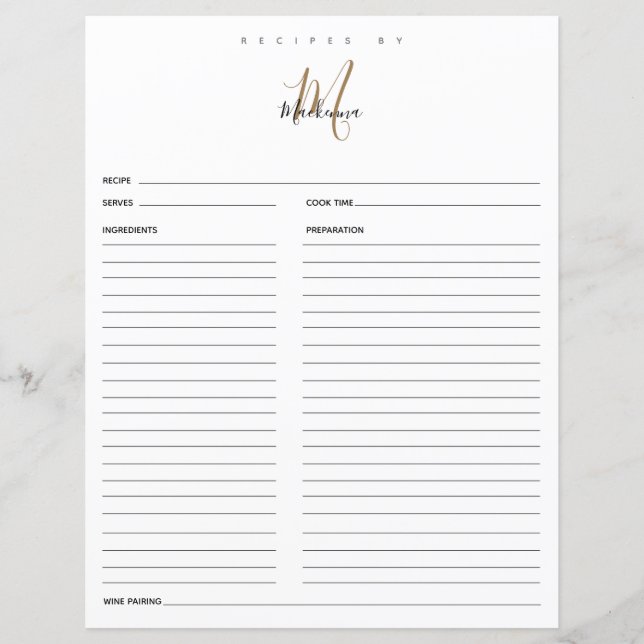 Papier Élégant Noir Monogramme Nom Recettes Par Recette (Devant)