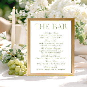 Papier Élégant Panneau de Bar de Mariage Vert Sage et Bla