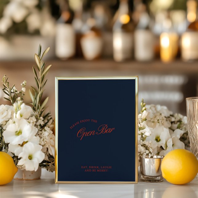 Papier Élégant panneau Mariage rouge & bleu profond Open  (Elegant Red & Deep Blue Open Bar Wedding Sign)