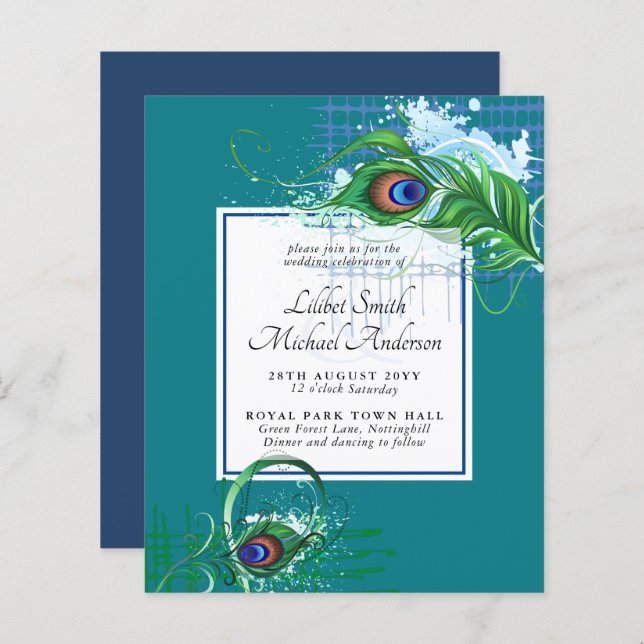 Papier Elégant PEACOCK FEATHER Mariage Inviter BUDGET (Devant / Derrière)