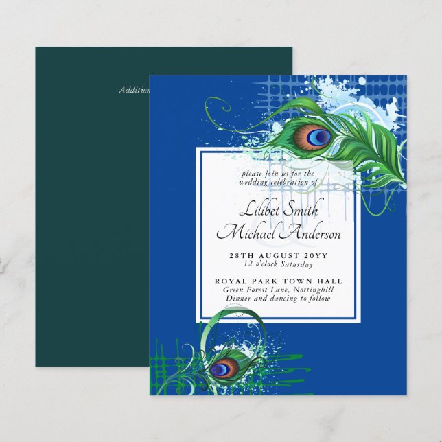 Papier Elégant PEACOCK FEATHER Mariage Inviter BUDGET (Devant / Derrière)
