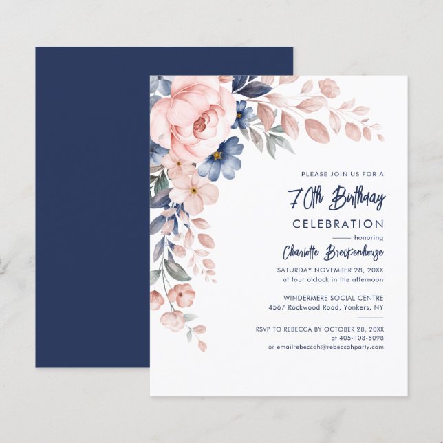 Papier Elégant rose floral 80e anniversaire Invitation de (Devant / Derrière)