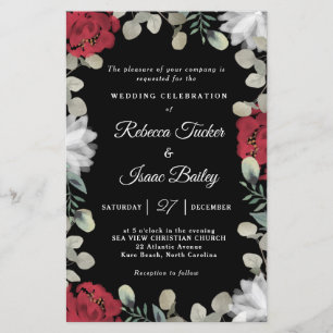 Papier Elégant Rouge Blanc Floral Vert Mariage Inviter