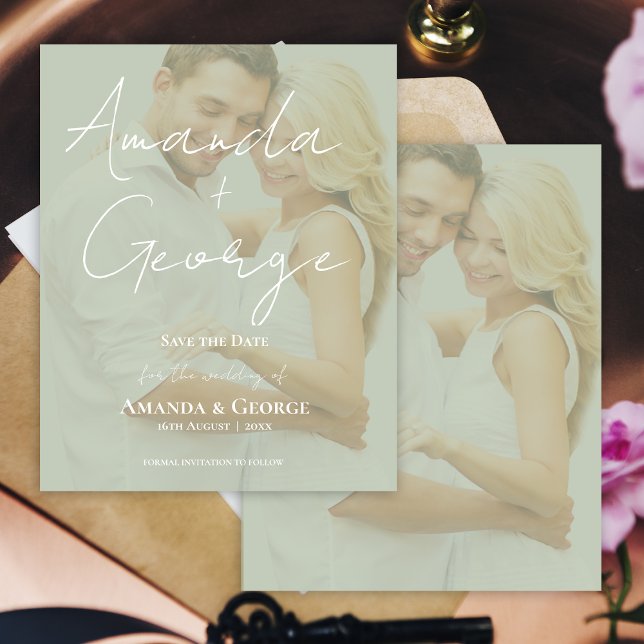 Papier Elégant Sage Green Faux Vellum Photo Enregistrer l (Elegant Sage Green Faux Vellum Photo Save the Date)