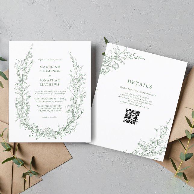 Papier Elegant Sage Green Floral Wreath QR Code Wedding (Créateur téléchargé)