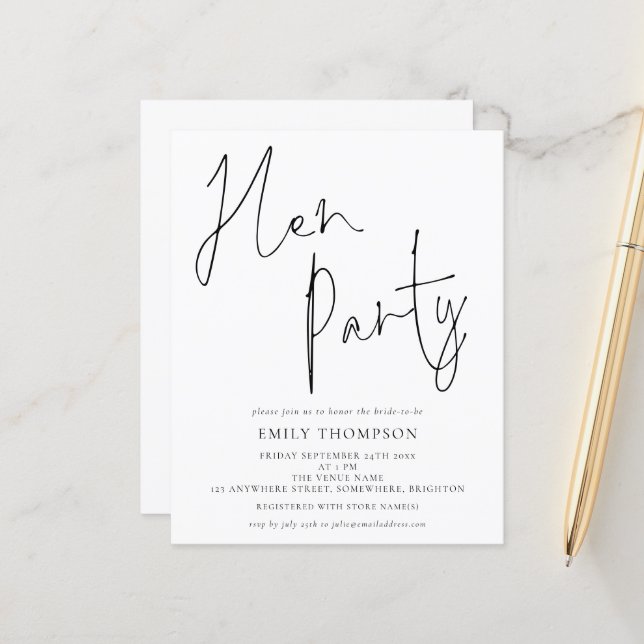 Papier Élégant Script de budget Black White Hen Party (Devant/Arrière en situation)