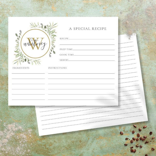 Papier Élégant Script Gold Monogram Greenery Recette Cart (Elegant Script Gold Monogram Greenery Recipe Card)