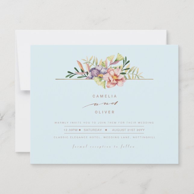 Papier Elégant Sky Blue Summer Floral Wedding Inviter QR (Devant)