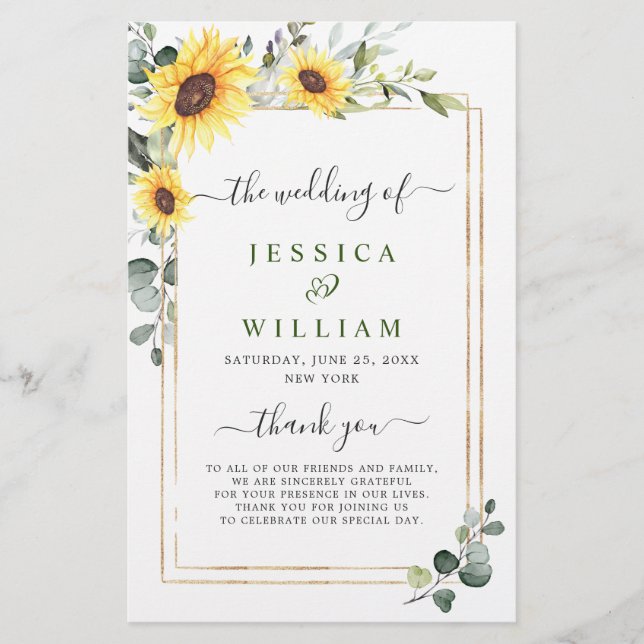 Papier Élégant Sunflower Floral Mariage Cérémonie Program (Devant)