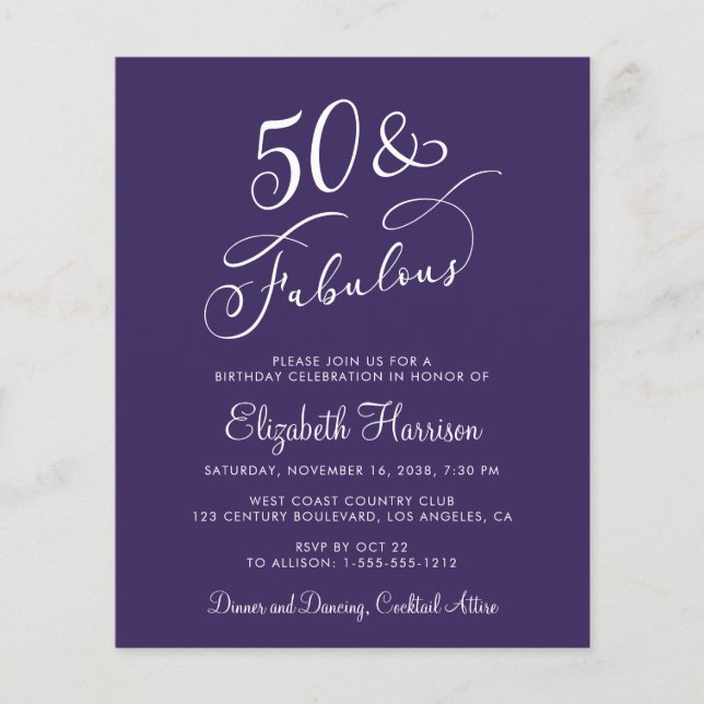 Papier Elégant violet 50e anniversaire Invitation de fête (Devant)