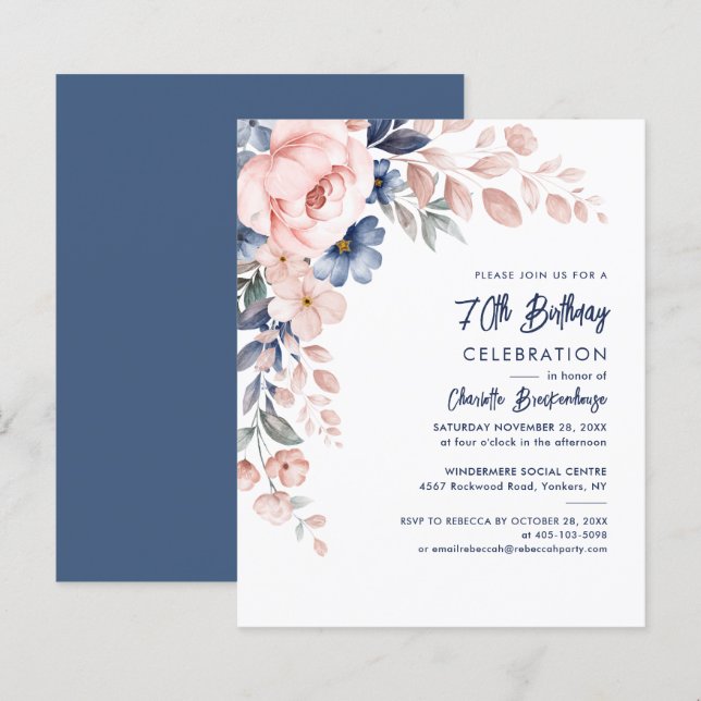 Papier Elégante 70e anniversaire Pink Floral Party Invita (Devant / Derrière)