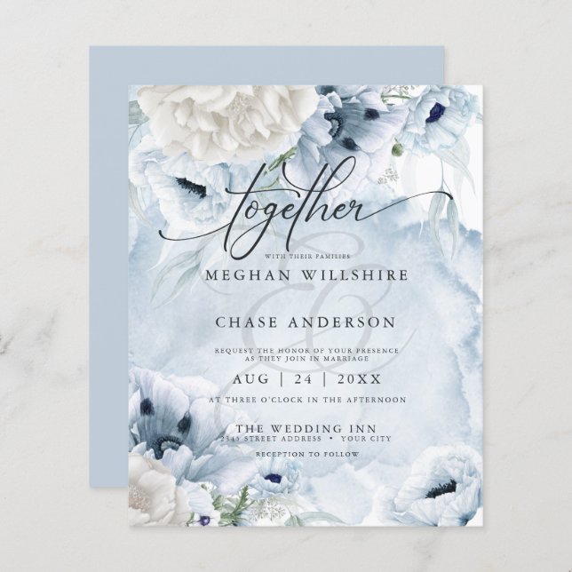 Papier Elégante Aquarelle Bleue Fleurs de Pavot Abordable (Devant / Derrière)
