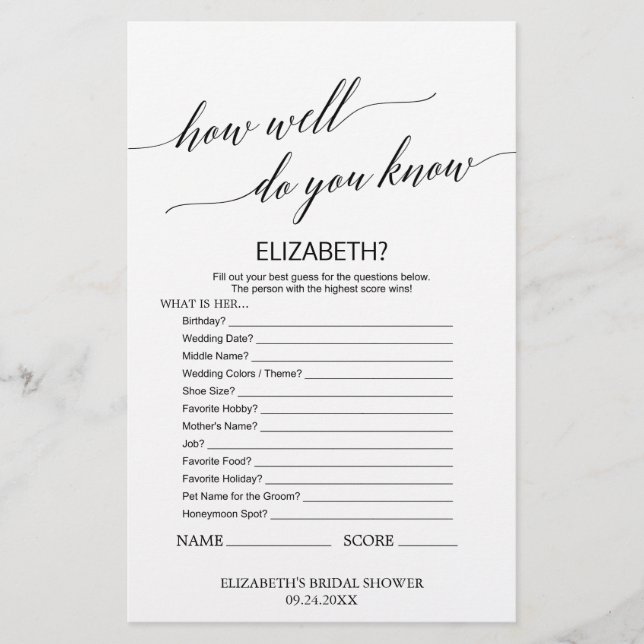 Papier Élégante Calligraphie Comment Bien Connaissez-Vous (Devant)