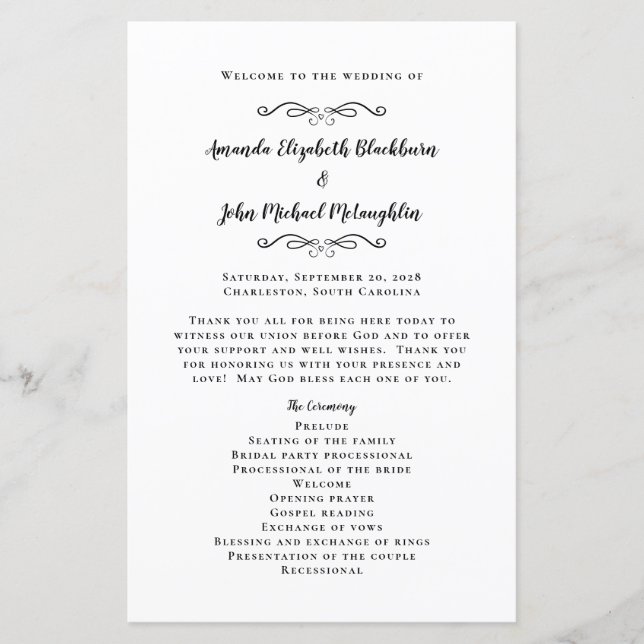 Papier Élégante cérémonie de mariage Black White Programm (Devant)
