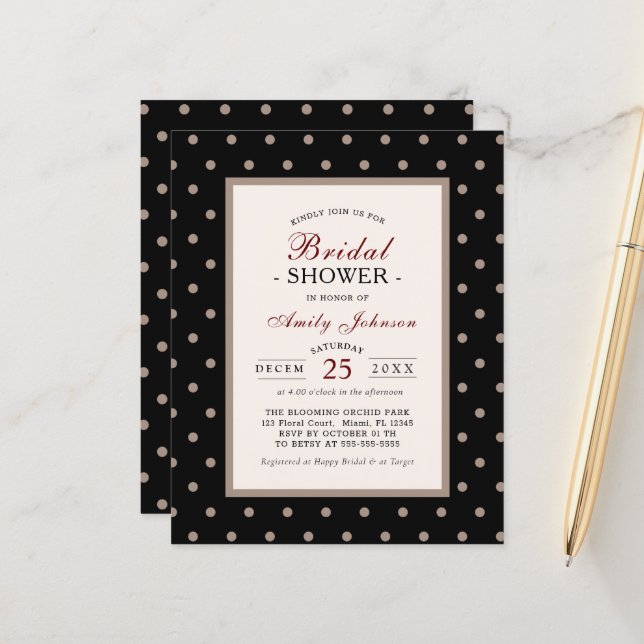 Papier Élégante Fête des mariées Pois noire du budget (Devant/Arrière en situation)