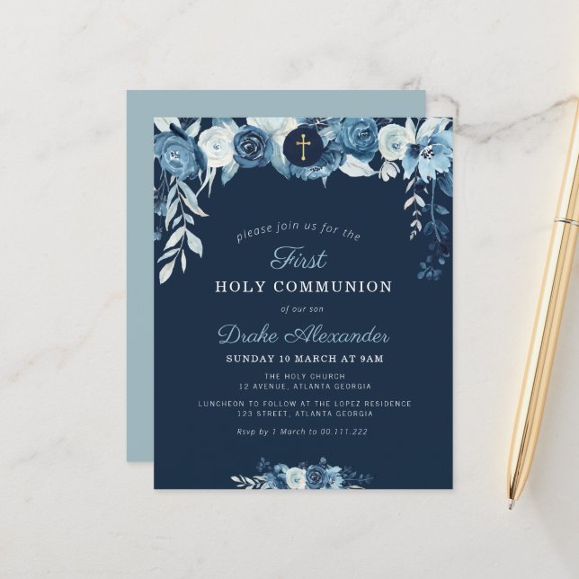 Papier Elégante invitation à la première communion floral (Devant/Arrière en situation)
