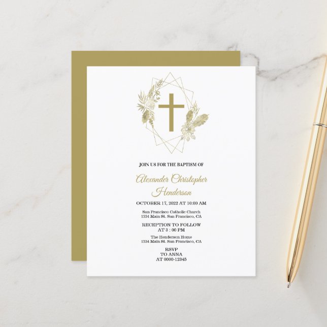 Papier Elégante Invitation Or/BUDGET/Baptême. (Devant/Arrière en situation)