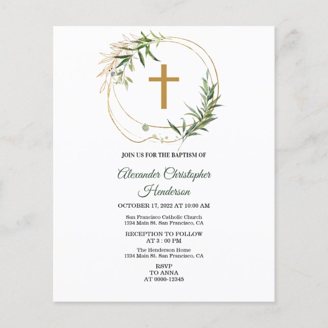 Papier Élégante Invitation Verdure/BUDGET/Baptême. (Devant)