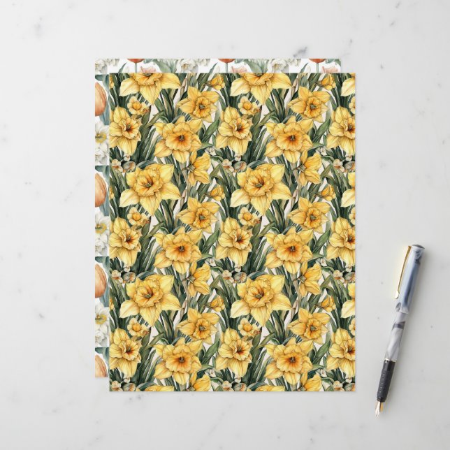 Papier Elégante jonquille jaune et tulipes Fleurs de Pâqu (Devant/Arrière en situation)
