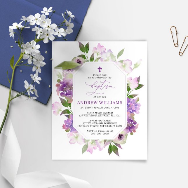 Papier Élégante Lilac Purple Fleurs Baptême Invitation (Créateur téléchargé)