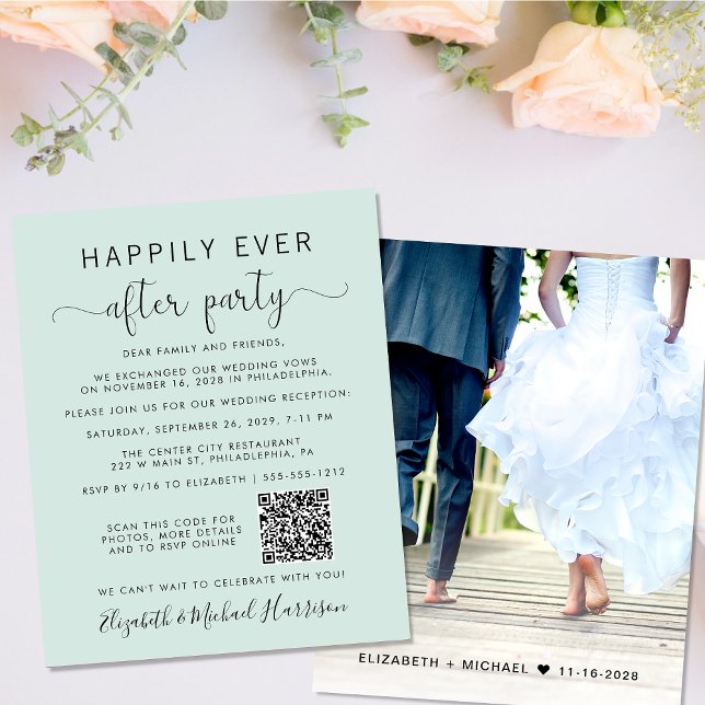 Papier Elégante Photo QR Code Mint Mariage Réception (Your love story deserves a grand celebration!)