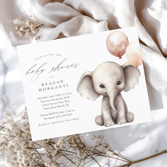 Papier Eléphant avec ballons Baby shower budgétaire neutr (Cute Elephant with Balloons Gender Neutral Budget Baby Shower Invitation.)