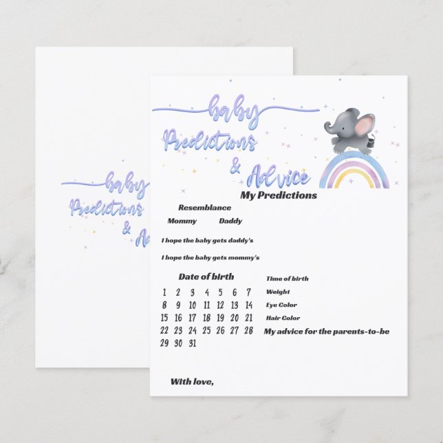 Papier Éléphant avec jeu de baby shower arc-en-ciel color (Devant / Derrière)