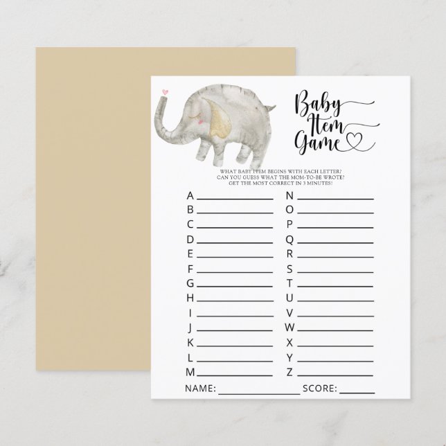Papier Eléphant Baby Item Jeu. Jeu baby shower (Devant / Derrière)