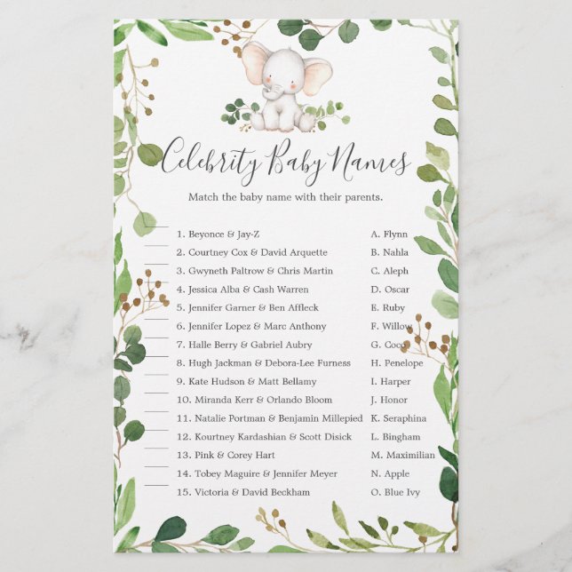 Papier Elephant Baby shower Celebrity Baby Names (Devant)